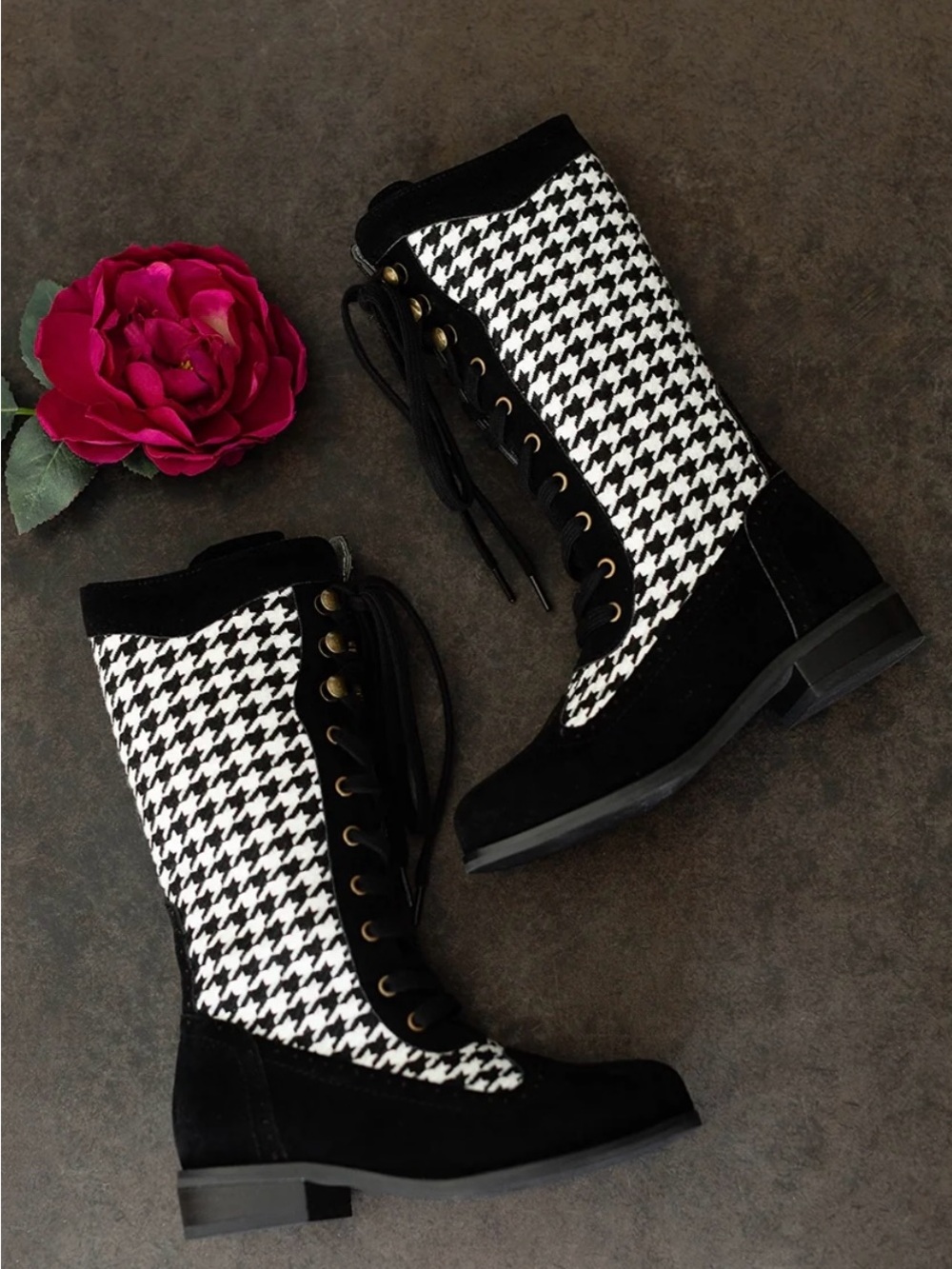 Joyfolie | Keiko Tall Boots in Black & White Houndstooth | 5Y